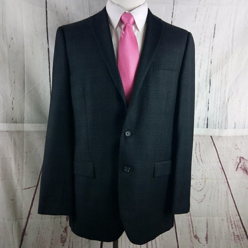 Egara Slim Fit 44L Wool Blend 2 Button Charcoal Plaid Suit Blazer Jacket